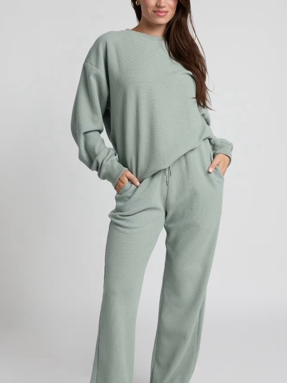 COMFRT Sage Green Waffle Knit Matching Lounge Set